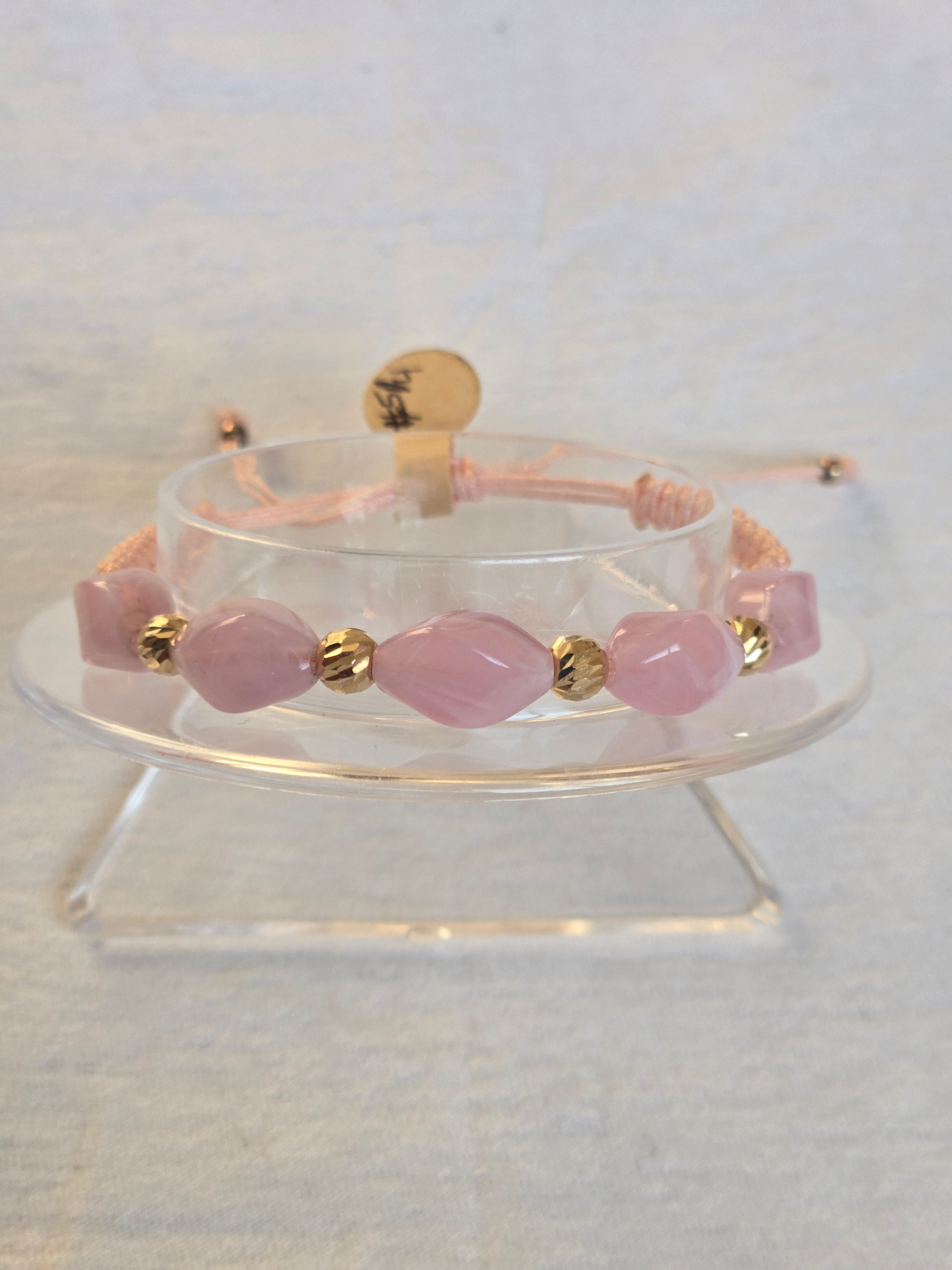 Pulsera Ajustable Oro 14k Cuarzo rosa