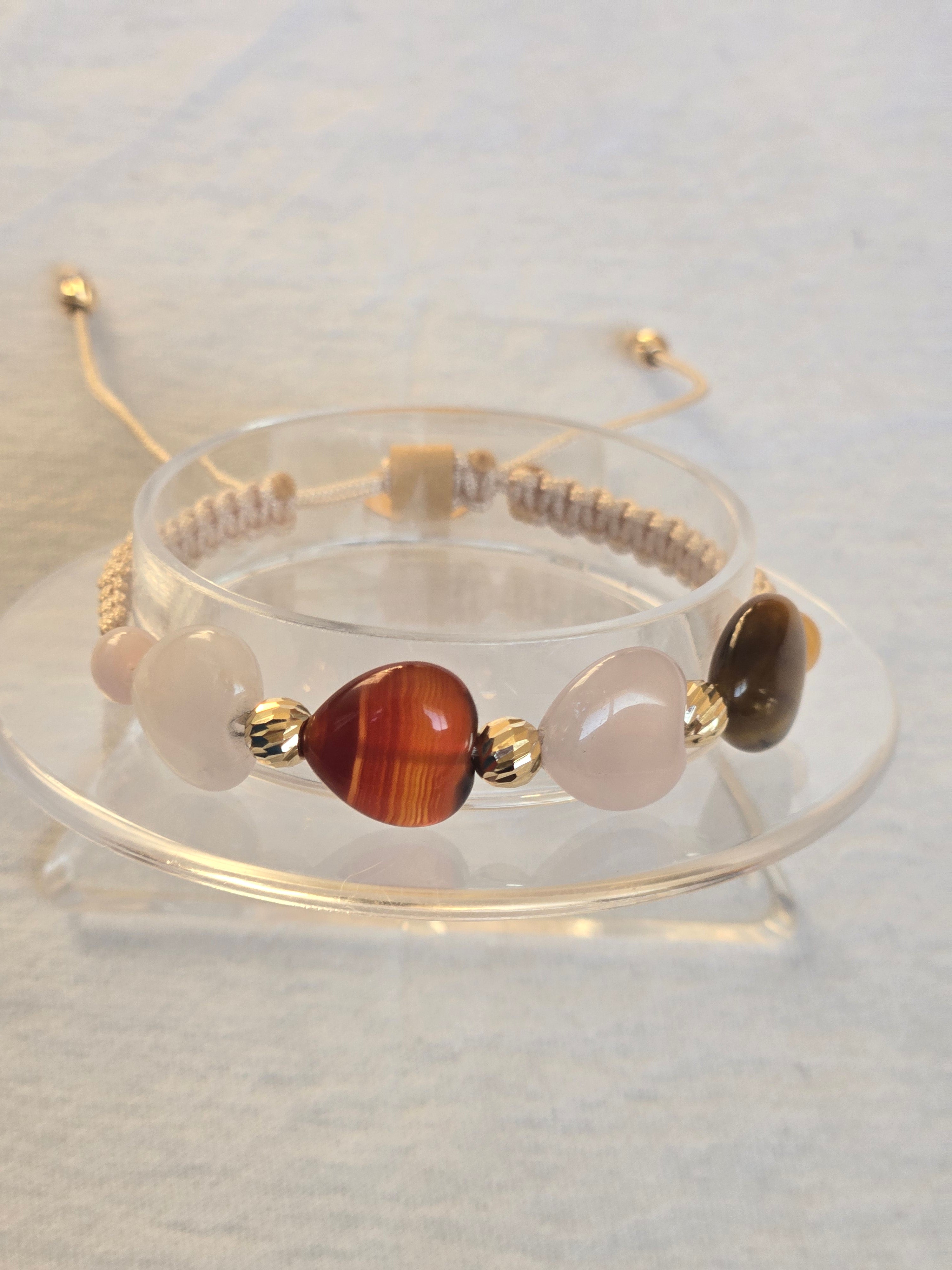 Pulsera Ajustable Oro 14k Cuarzo Rosa y cafe